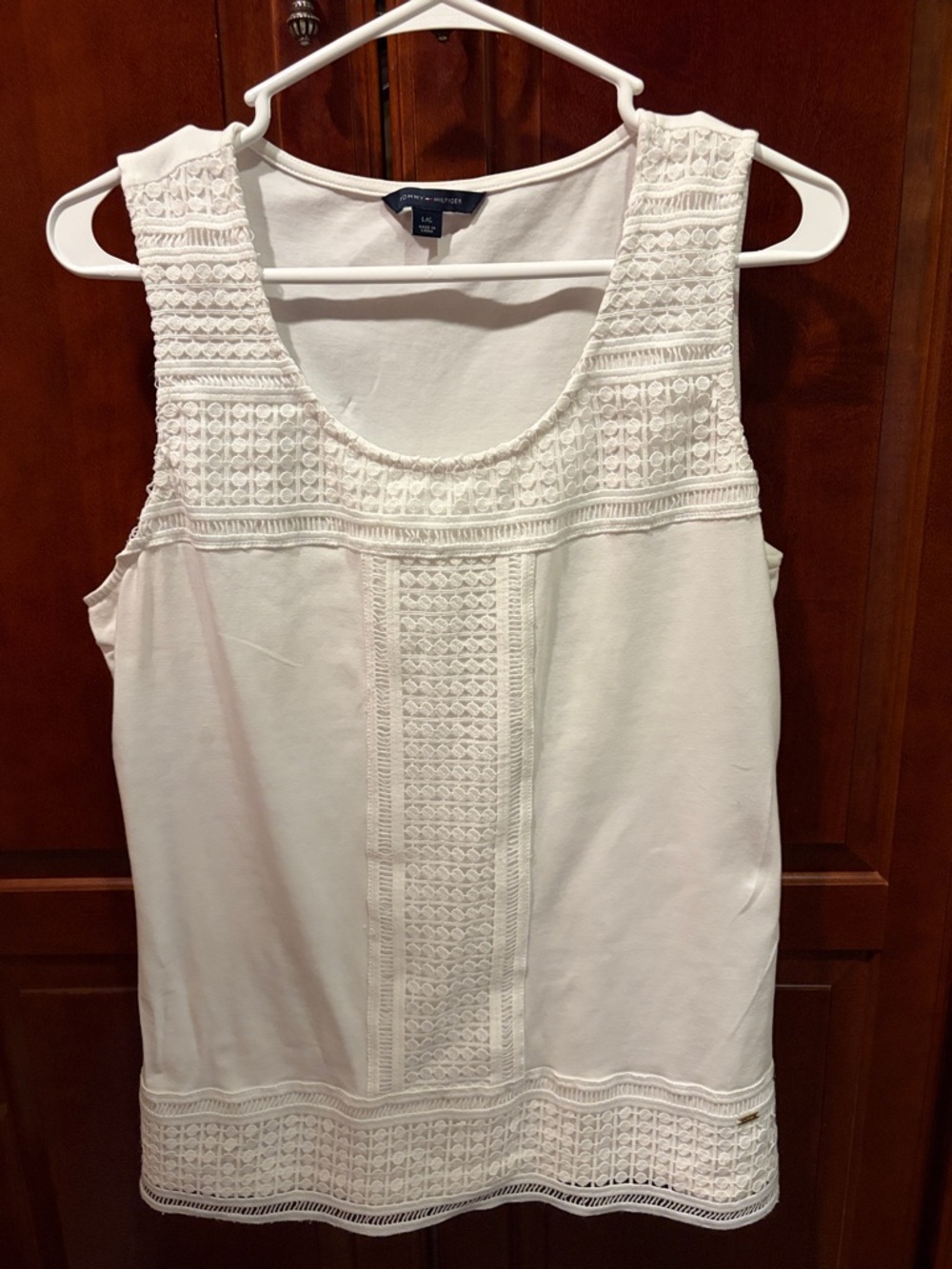 Tommy Hilfiger White Crochet-Detail Sleeveless Tank Size L